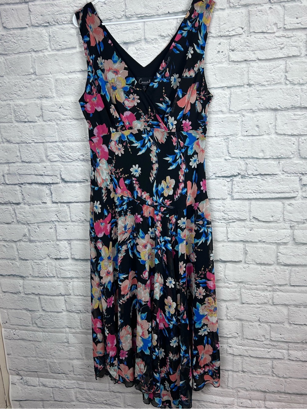 Connected Apparel Floral Asymmetrical Midi Dress Black Pink Blue Size 16 NWT - Picture 2 of 6